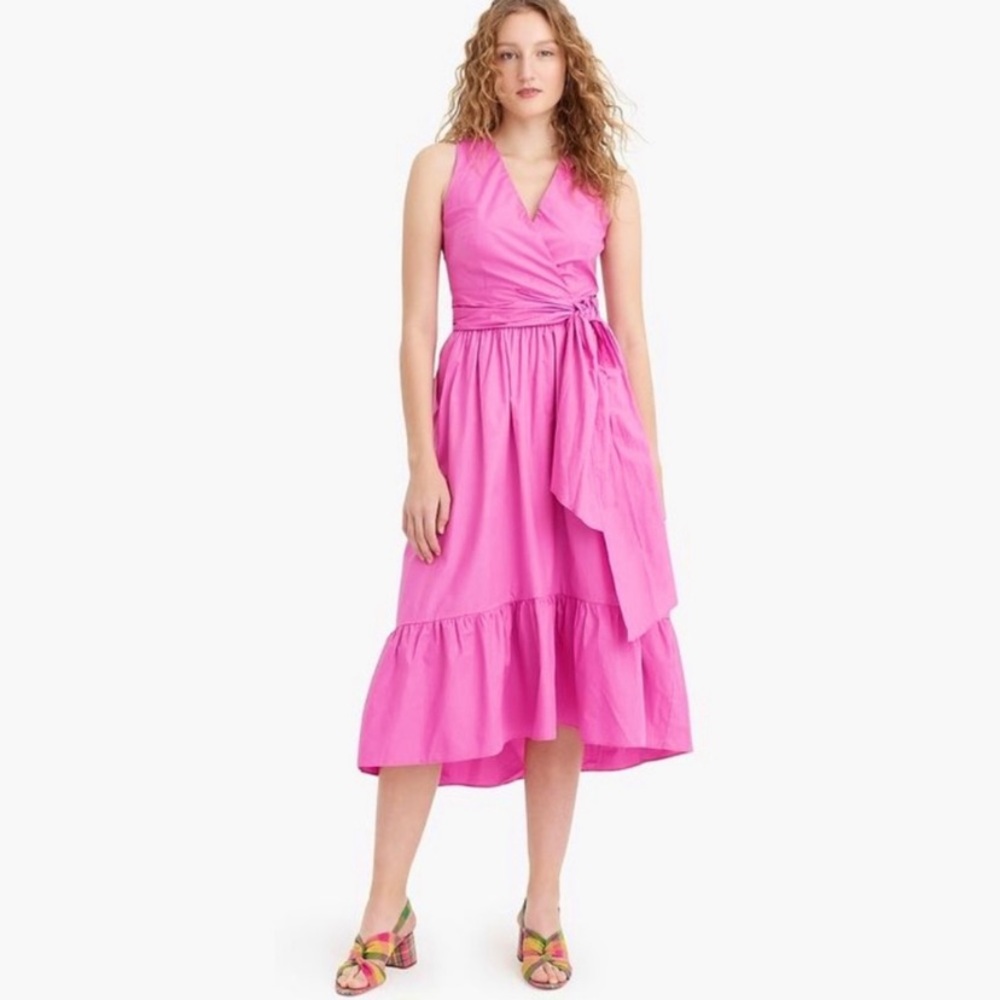 J. Crew Sleeveless faux wrap cotton poplin bright pink midi dress